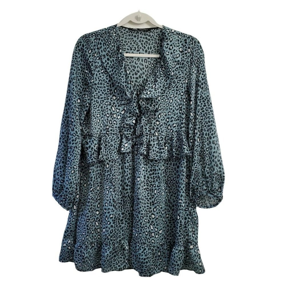Zara Mini Dress‎ Medium Leopard Print Teal Smocked Ruffled Bloggers Favorite NWT